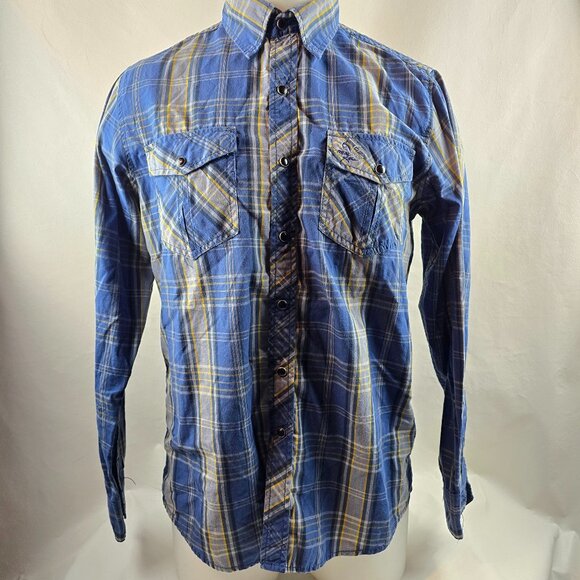 Realtree Shirt Mens Medium Blue Grey Pearl Snap Plaid Outdoors Western Hunting - Picture 1 of 10
